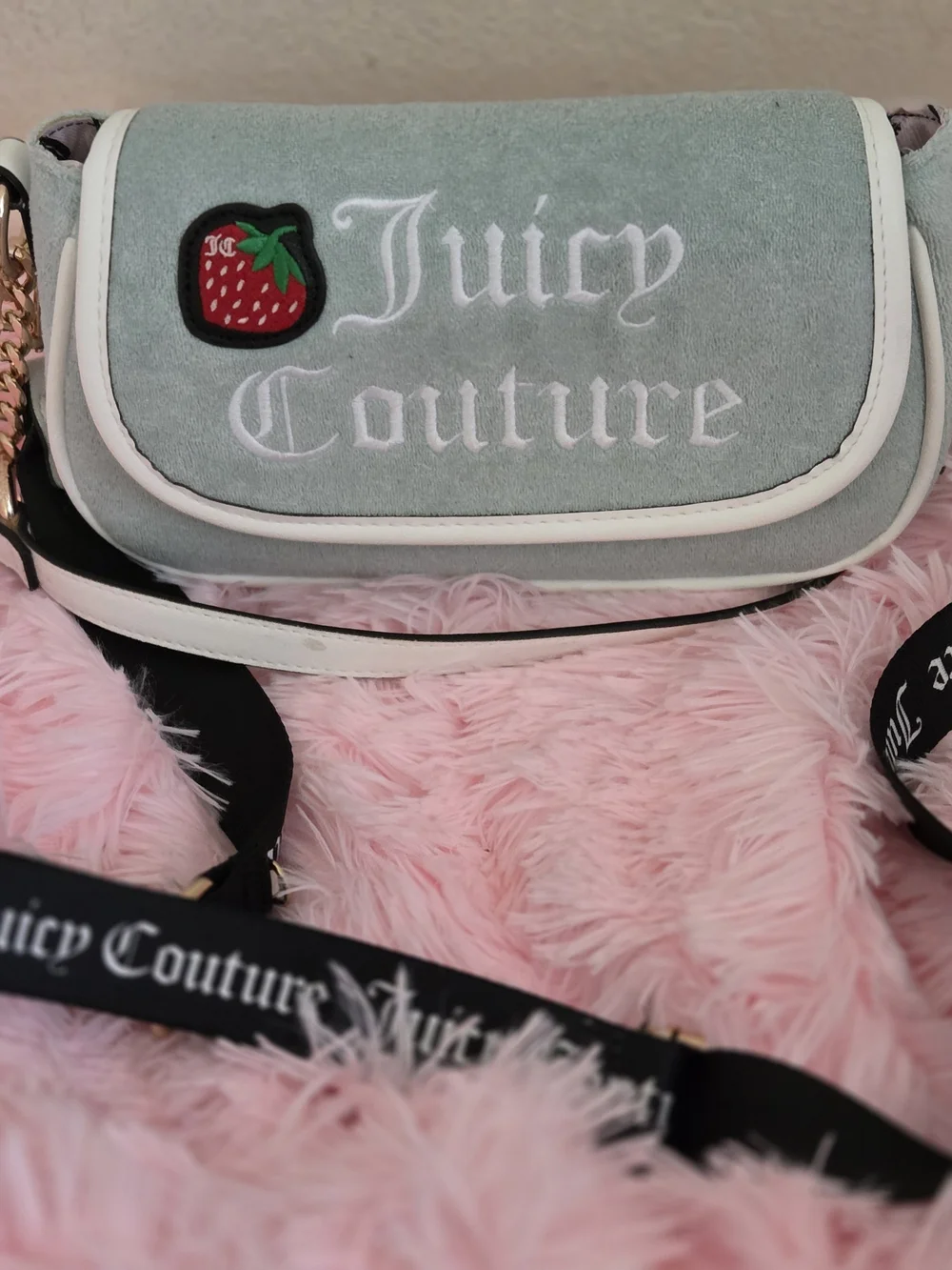 Juicy Couture Mint Green Velvet Crossbody with Strawberry Patch
